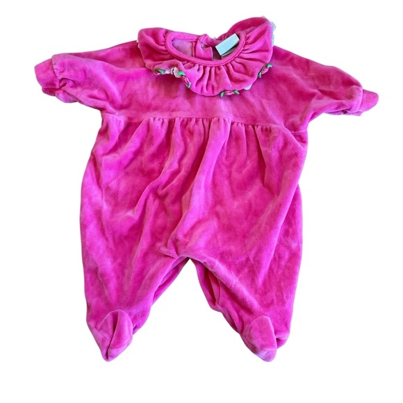 Vintage Little me Velour Pink Overall Pajama Footed Floral Collar Baby Girl 3M - Picture 1 of 6